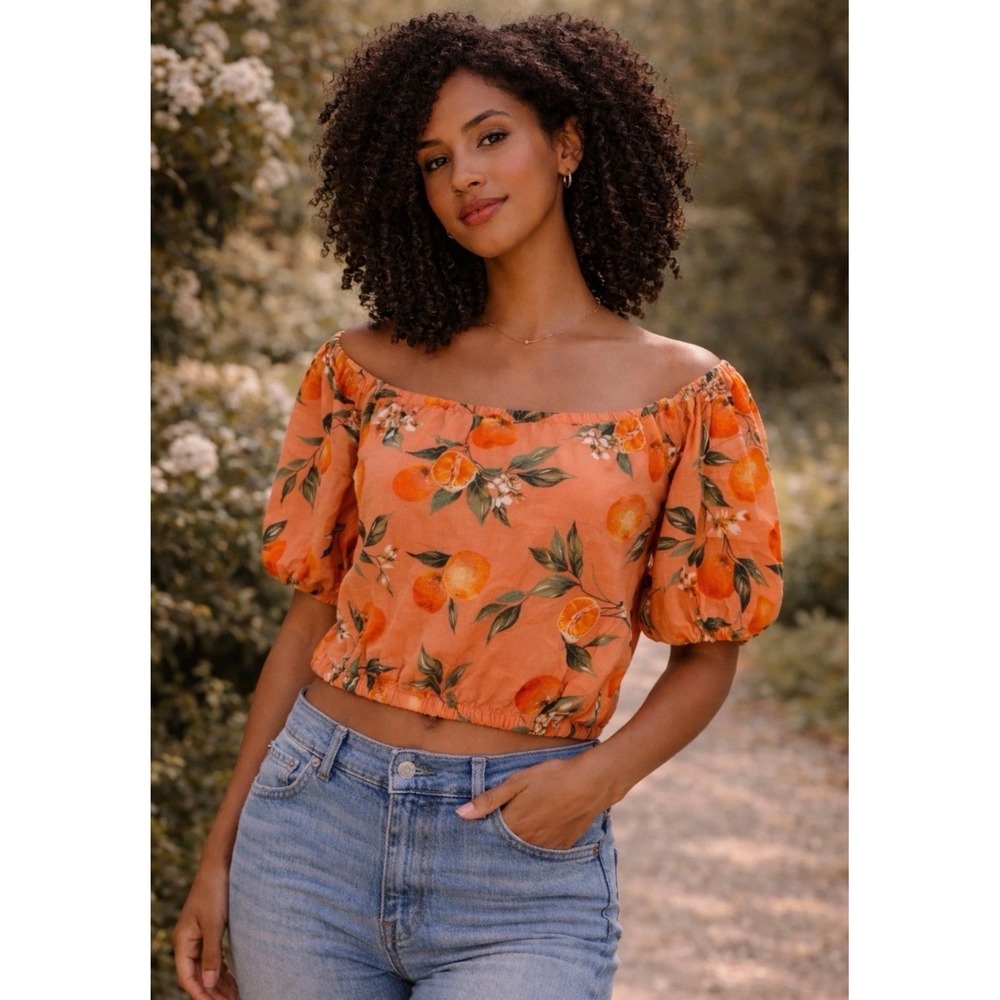 LOFT Harvest‎ Crop Top Oranges Fruit Print Criss Cross Back small